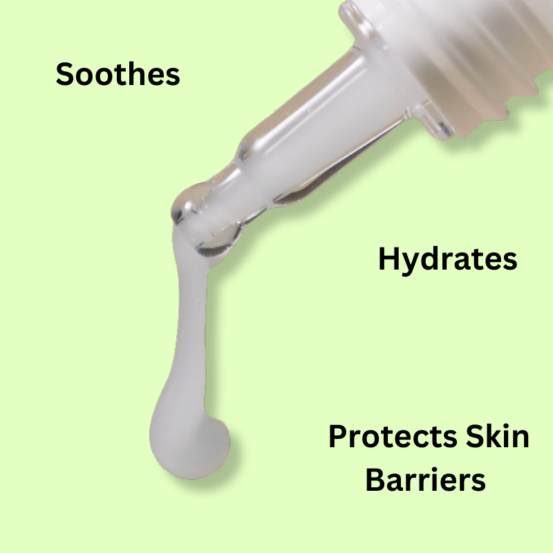 Close-up of a skincare product with text indicating its benefits on a light green background