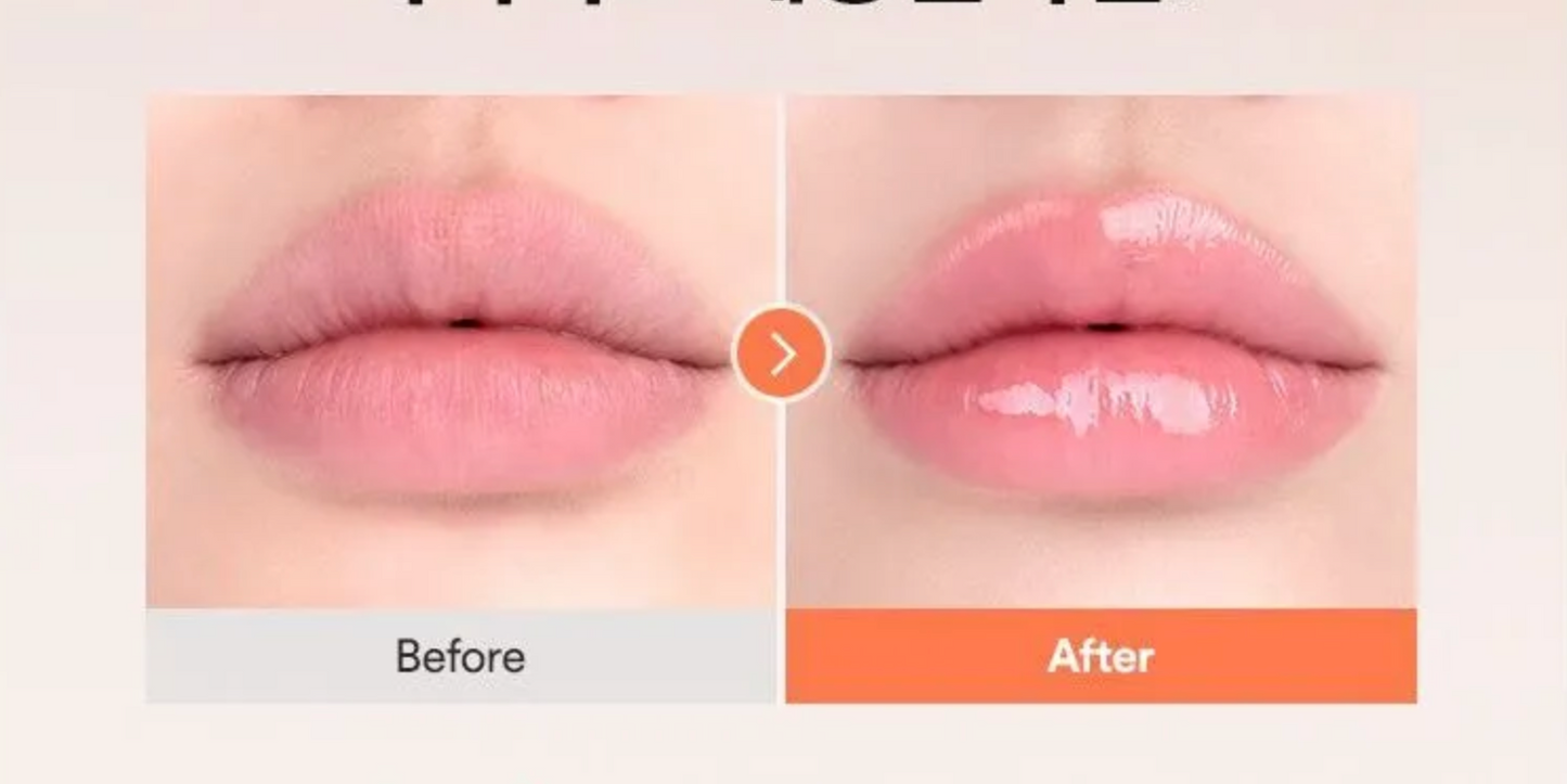 Before and after comparison of lips with a clear lip balm.
