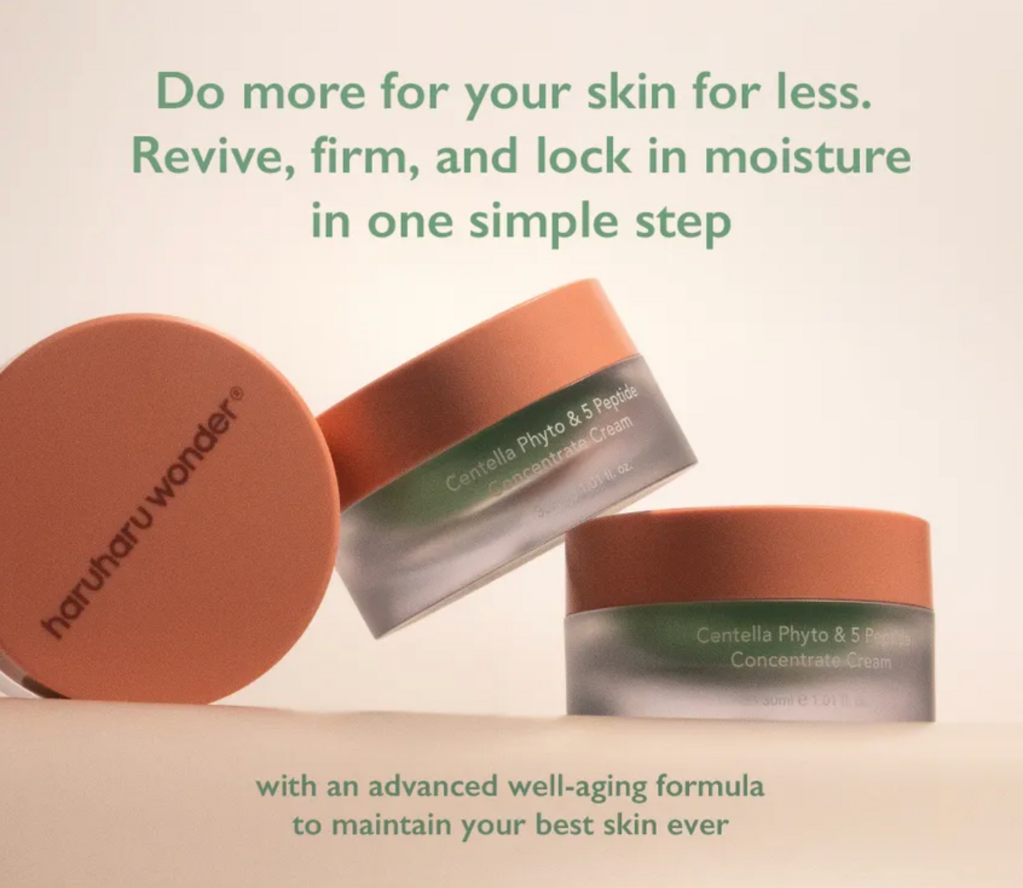 Cosmetic jars with brown lids and green labels on a beige background, featuring text about skin care.