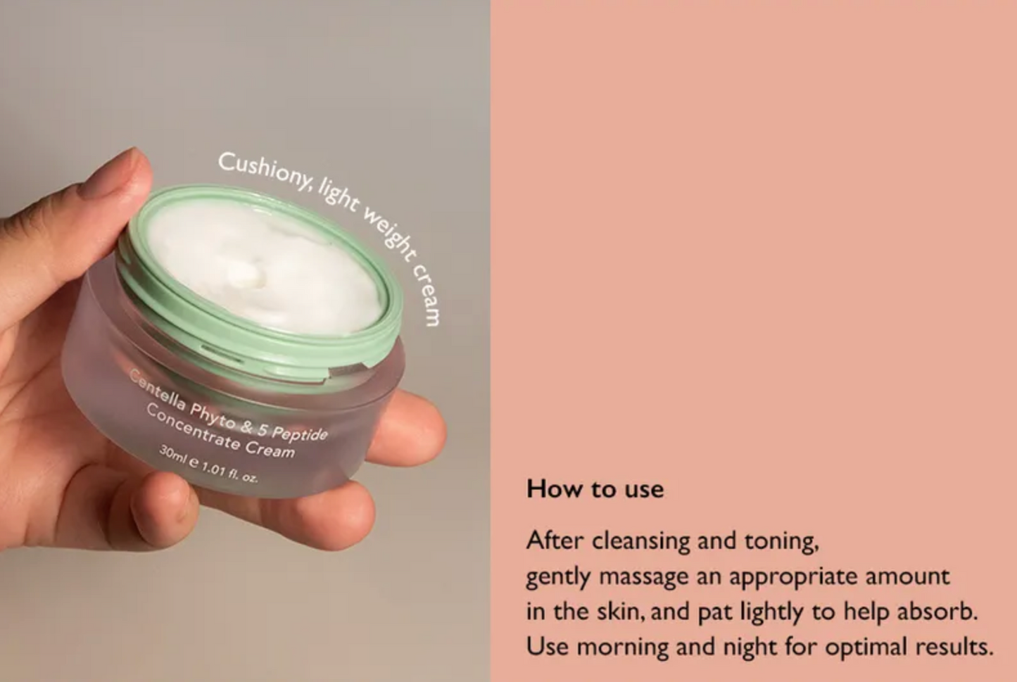 Hand holding a green and gray jar of cream with text on a beige background