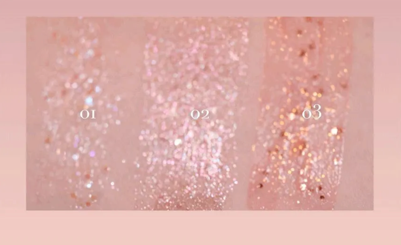 Three glittery texture swatches labeled '01', '02', and '03' on a pink background.