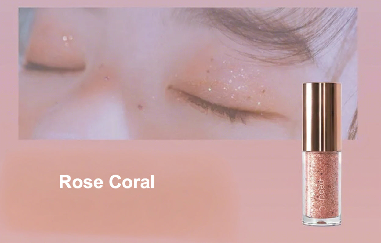 Rose Coral lip gloss with close-up of lips wearing it on a pink background