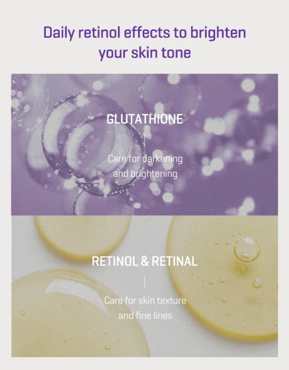 Advertisement for daily retinol effects to brighten skin tone with glutathione and retinol on a purple and white background.