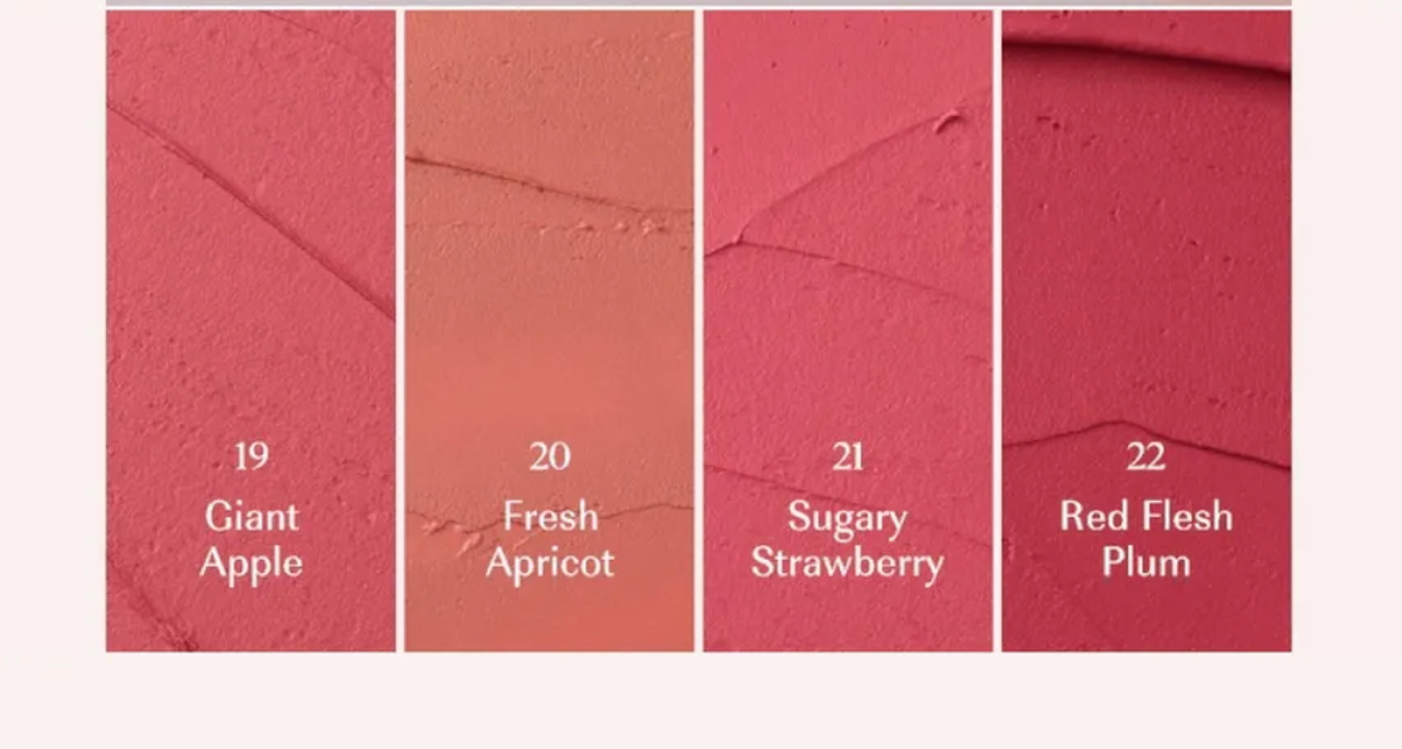 Color swatches of lipstick shades labeled 'Giant Apple', 'Fresh Apricot', 'Sugary Strawberry', and 'Red Flesh Plum' on a white background.
