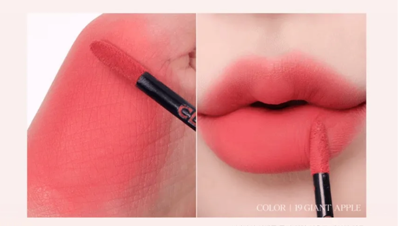 Lipstick being applied to lips with close-up of color swatch.