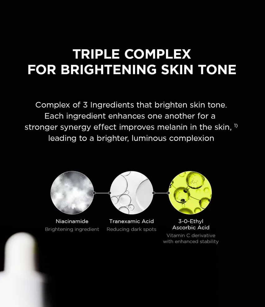 Diagram of a triple complex for brightening skin tone with ingredients Niacinamide, Tranexamic Acid, and 3-O-Ethyl Ascorbic Acid on a black background.
