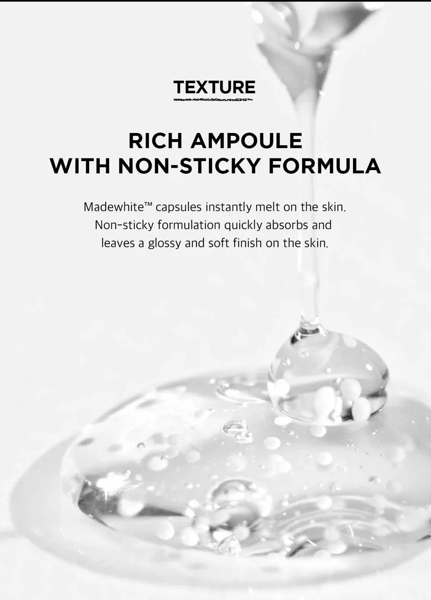 Rich ampoule with non-sticky formula being applied, text describing product features.