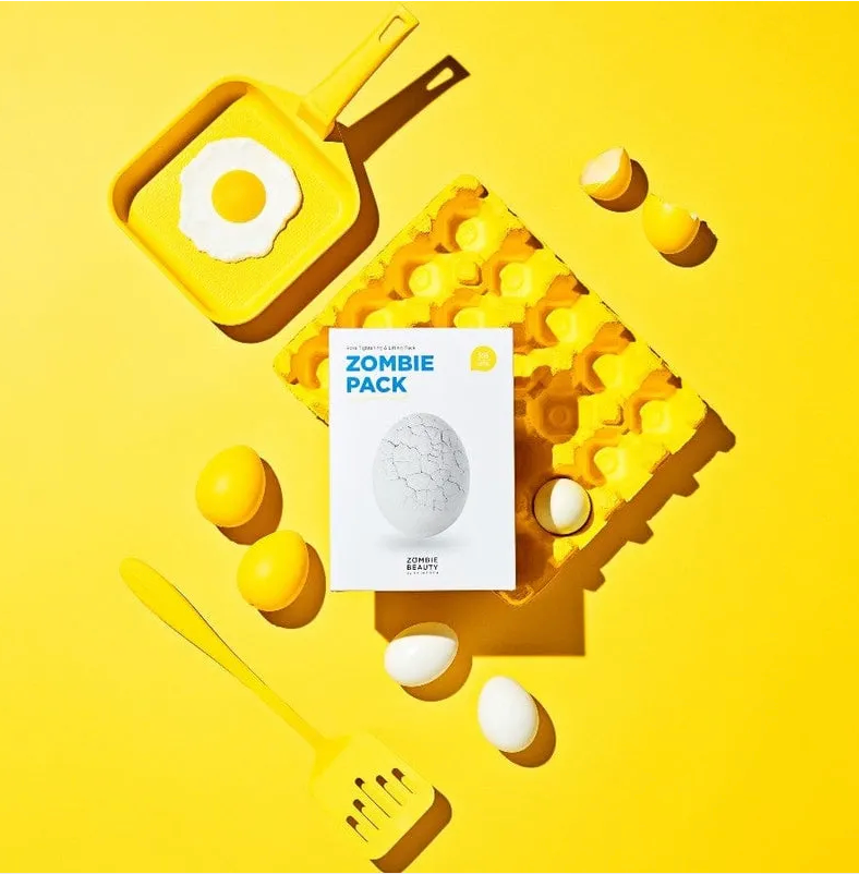 Zombie Pack skincare product with yellow background and egg-themed packaging