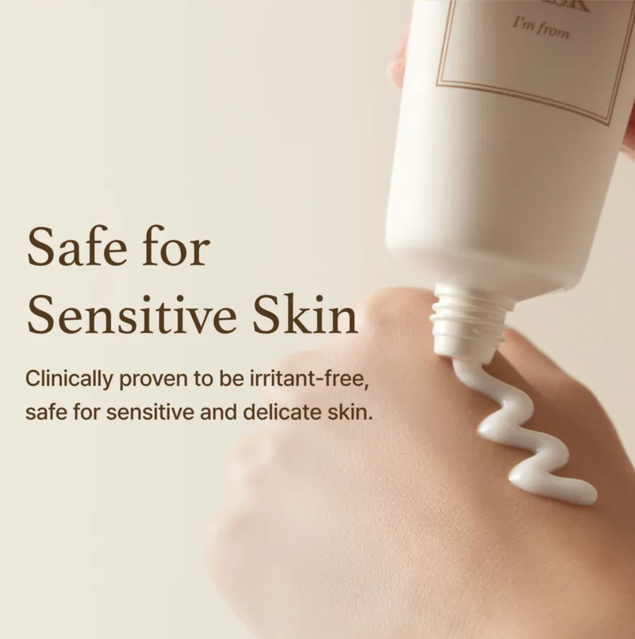 Hand applying a skincare product with text about safety for sensitive skin.