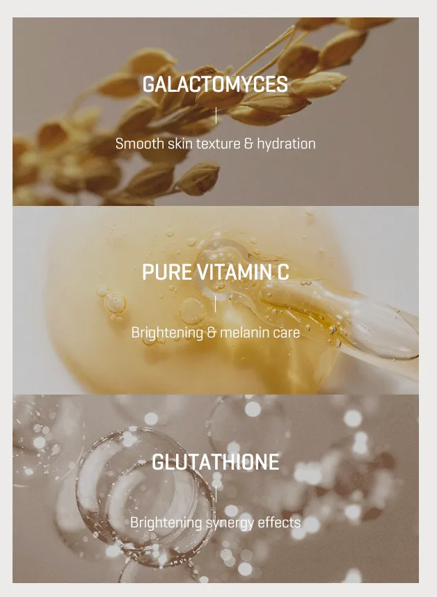 Product display with galactomyces, pure vitamin C, and glutathione, highlighting their benefits.