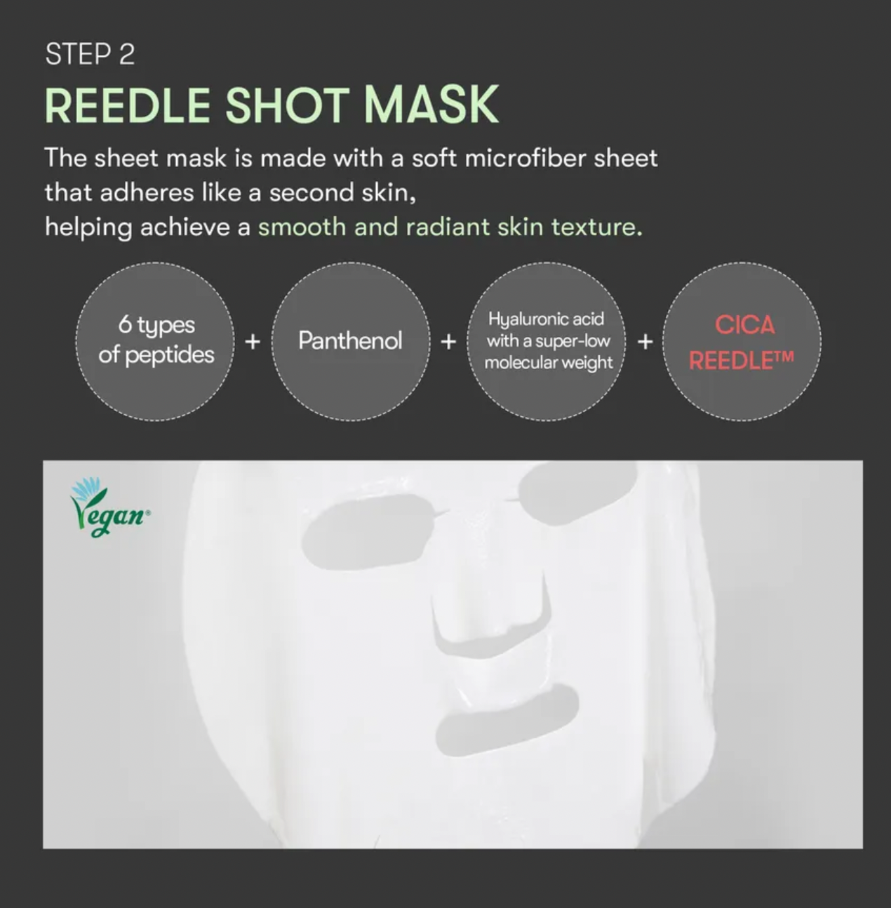 Sheet mask with text detailing its ingredients and benefits on a black background