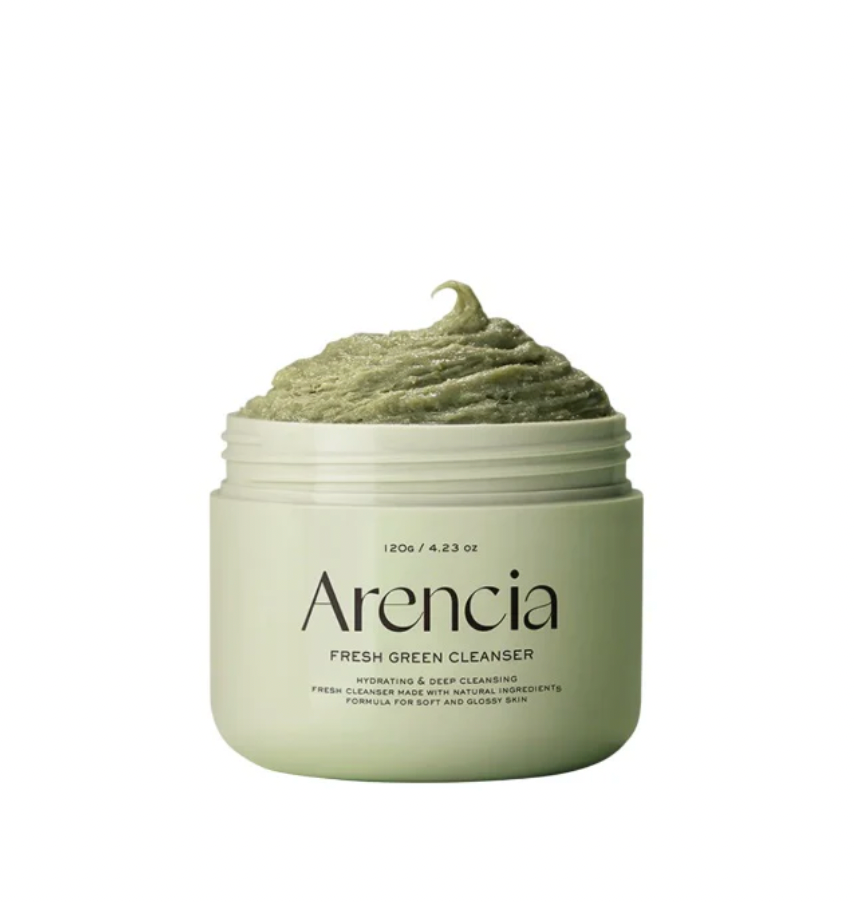 Green facial cleanser jar with 'Arenicia' branding on a white background