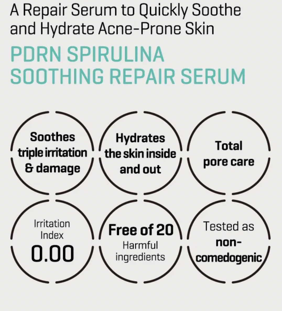 Advertisement for PDRN Spirulina Soothing Repair Serum with text and icons on a white background