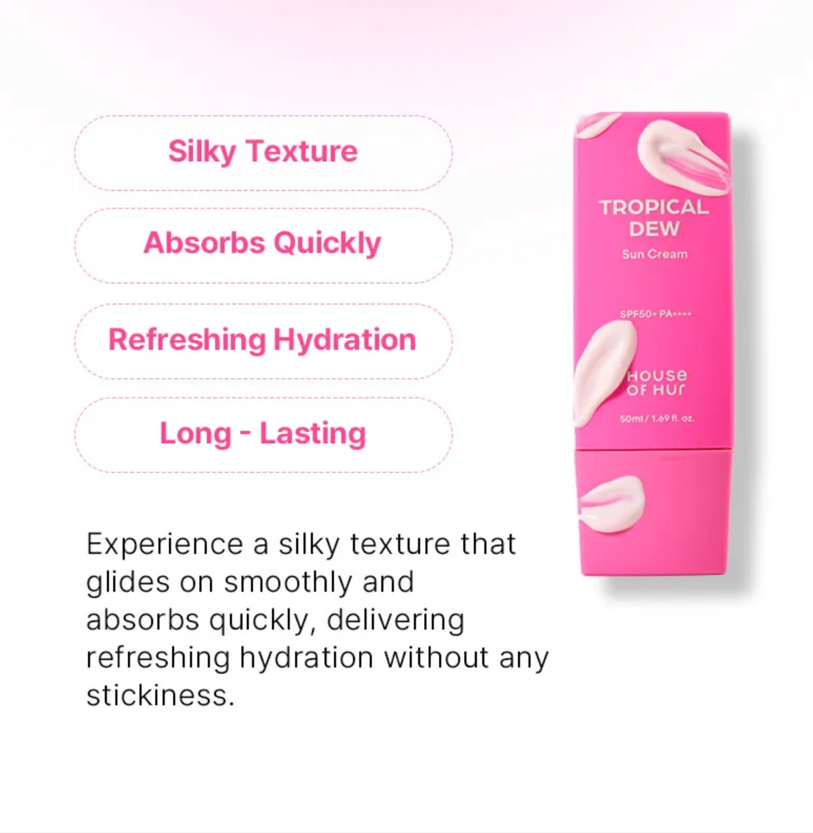 Pink sun cream box with text highlighting features on a white background