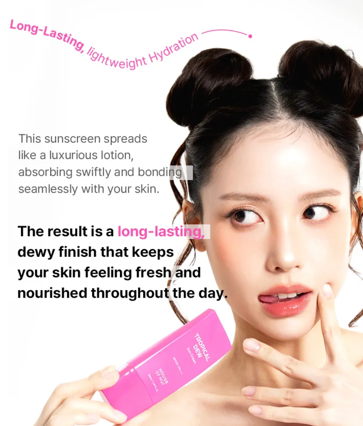 Woman holding a pink sunscreen bottle with text about its long-lasting and lightweight hydration properties.