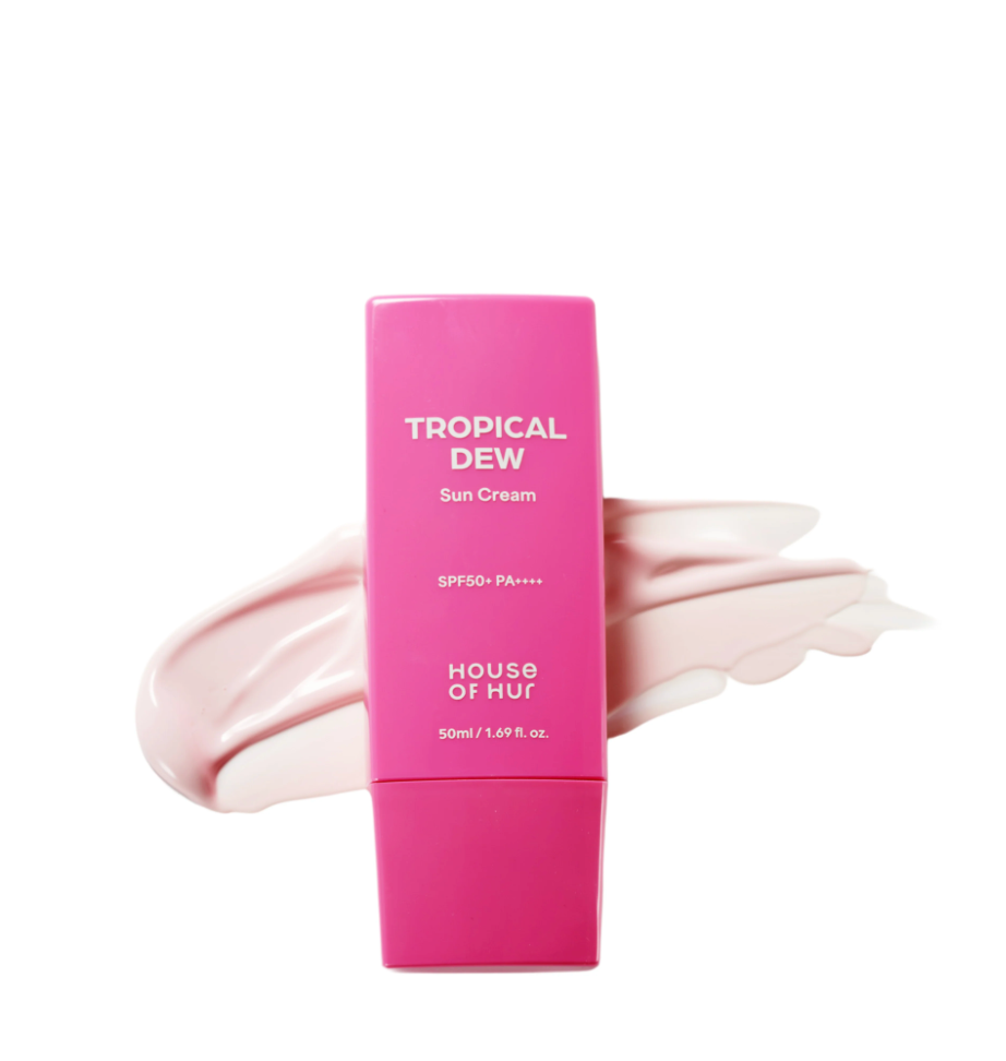 Pink sun cream tube labeled 'Tropical Dew' by 'House of Hur' on a white background.