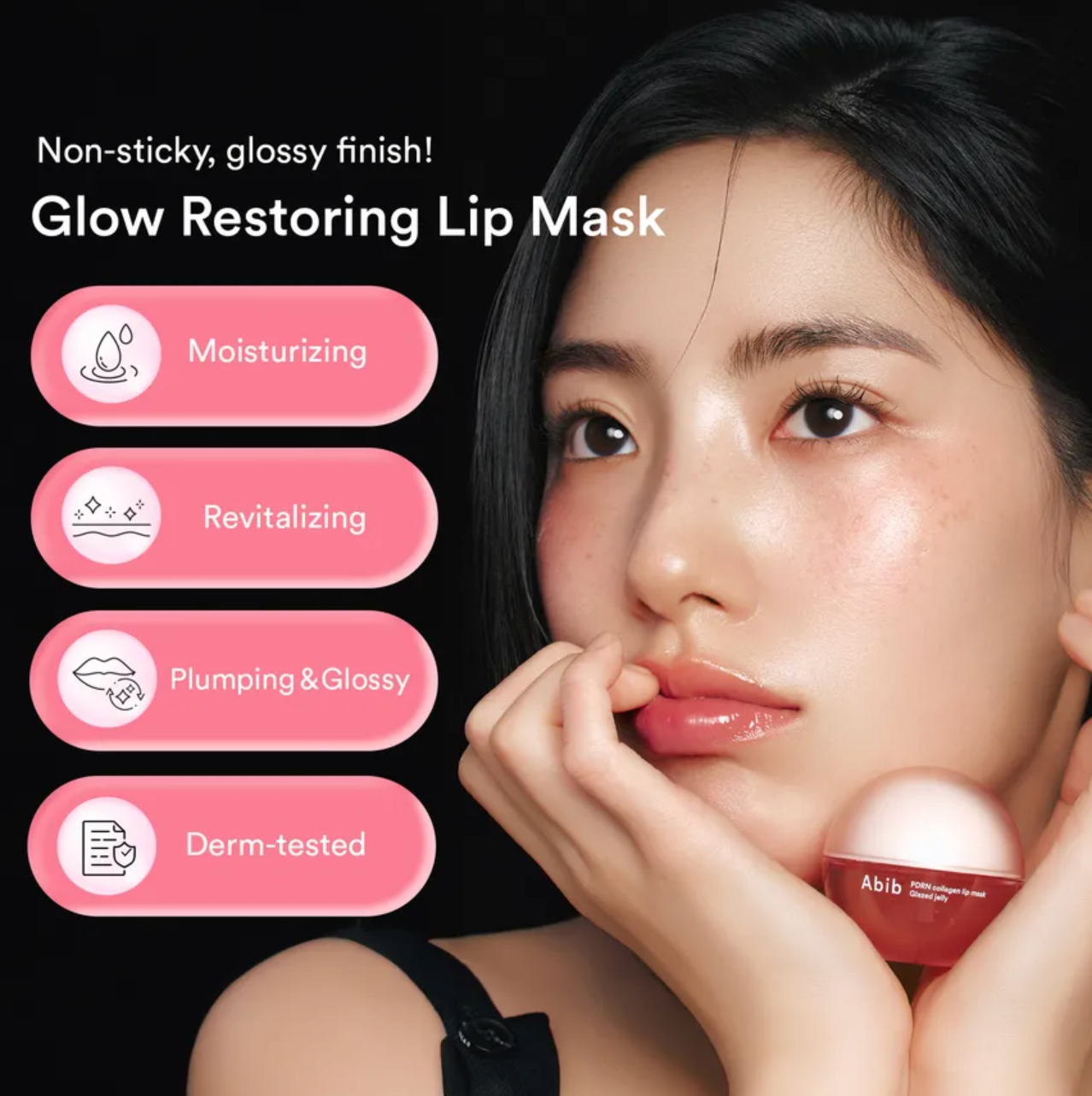 Woman with glossy lips holding a lip mask, with product features listed.
