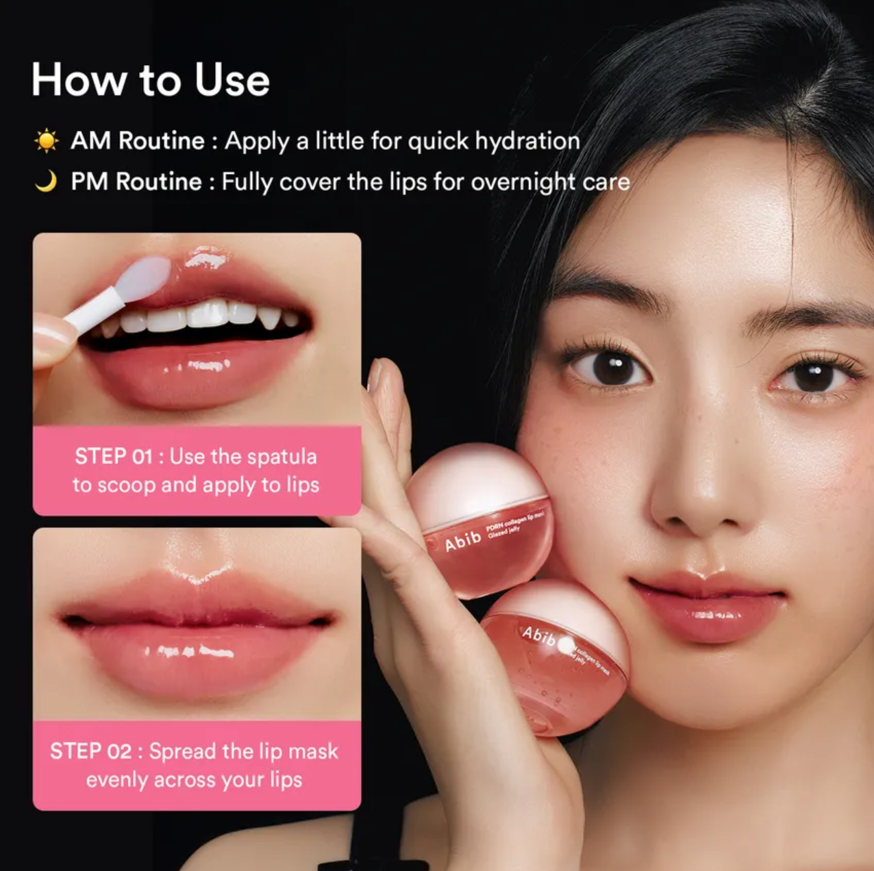 Lip mask product with application instructions and a model wearing it.