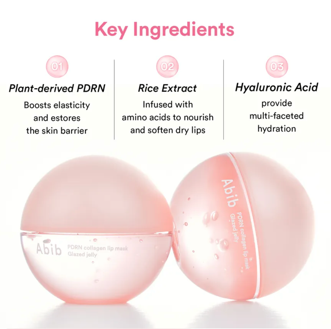 Pink lip balm with key ingredients listed above it on a white background