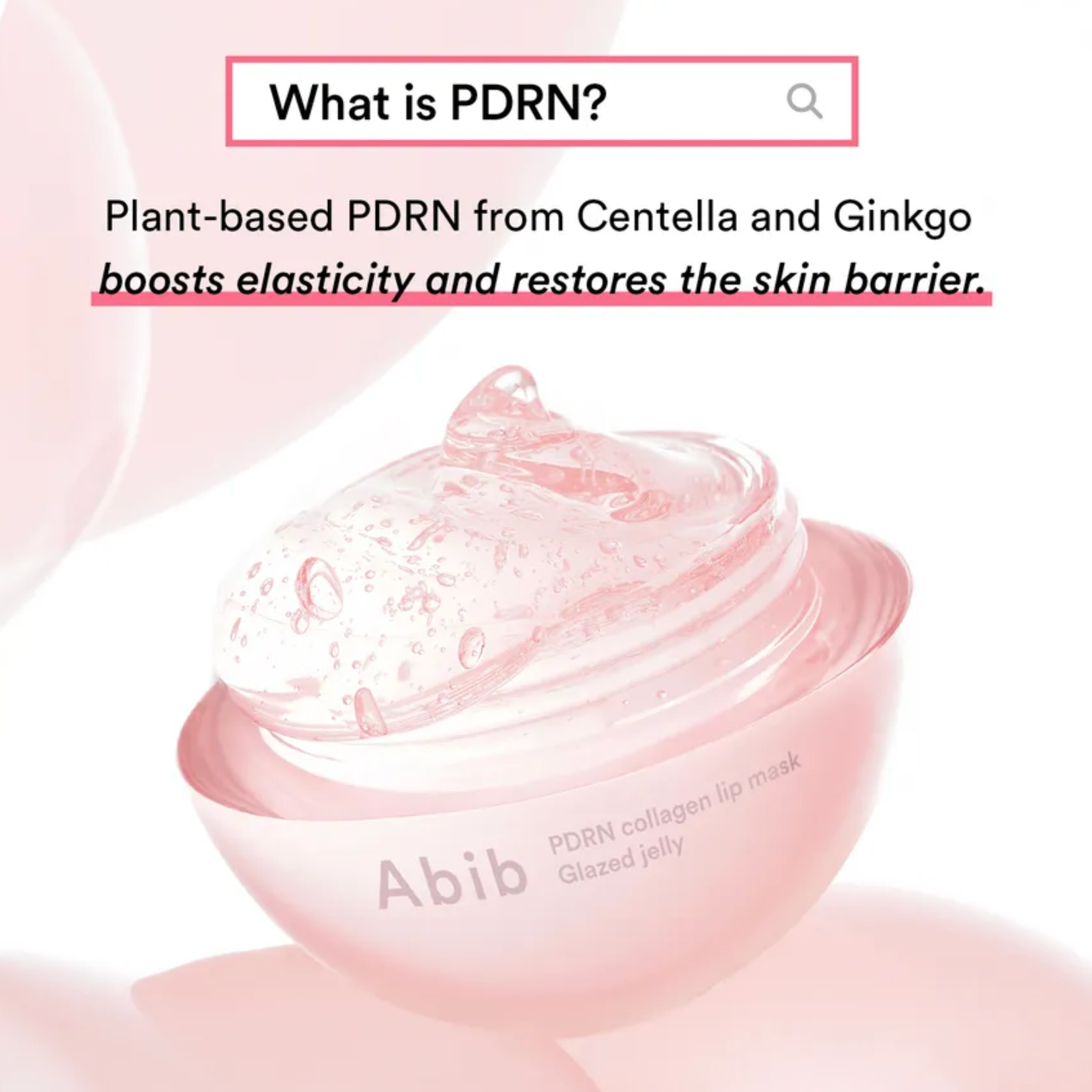 Pink jar of Abib PDRN collagen mask with text about plant-based PDRN ingredients on a light pink background.