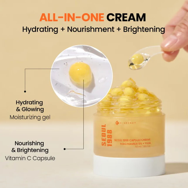 All-in-one cream with hydrating, nourishment, and brightening properties on a beige background.