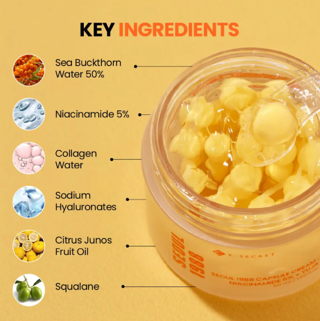Cosmetic jar with key ingredients listed on a yellow background