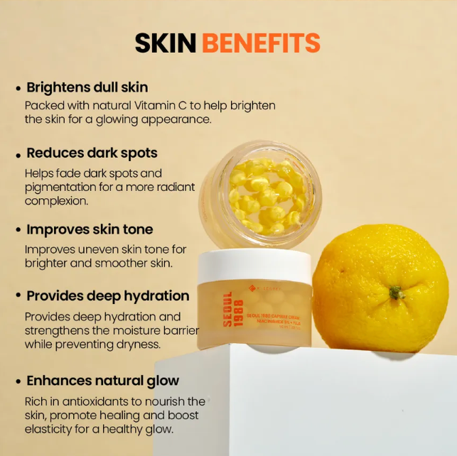 Product packaging with lemon and text highlighting skin benefits on a beige background