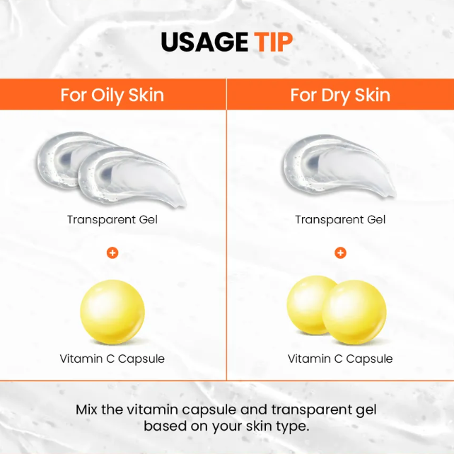 Usage tip for applying transparent gel based on skin type with vitamin C capsules.