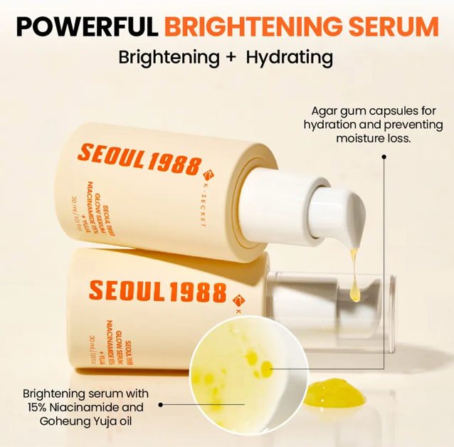 Seoul 1988 brightening serum with agar gum capsules and niacinamide on a beige background
