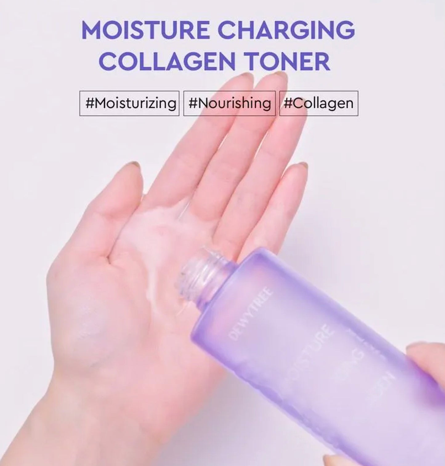 Hand holding a purple bottle of collagen toner with text indicating moisturizing and nourishing properties on a light purple background.