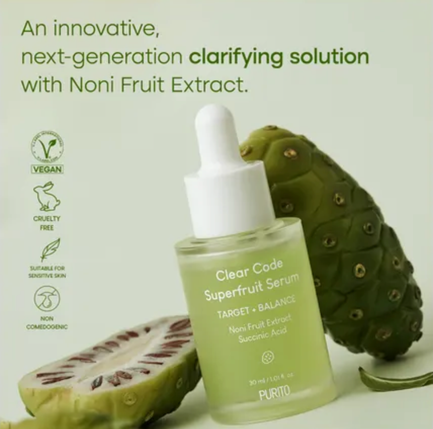 Purito Clear Code Superfruit Serum with noni fruit extract on a light green background