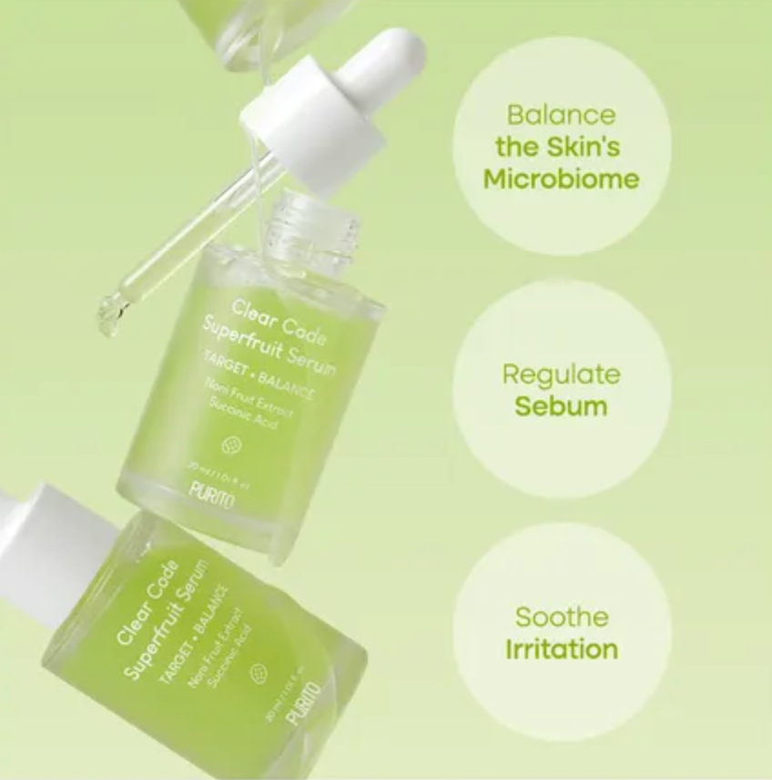 Clear Code Superfruit Serum bottle with dropper on a light green background
