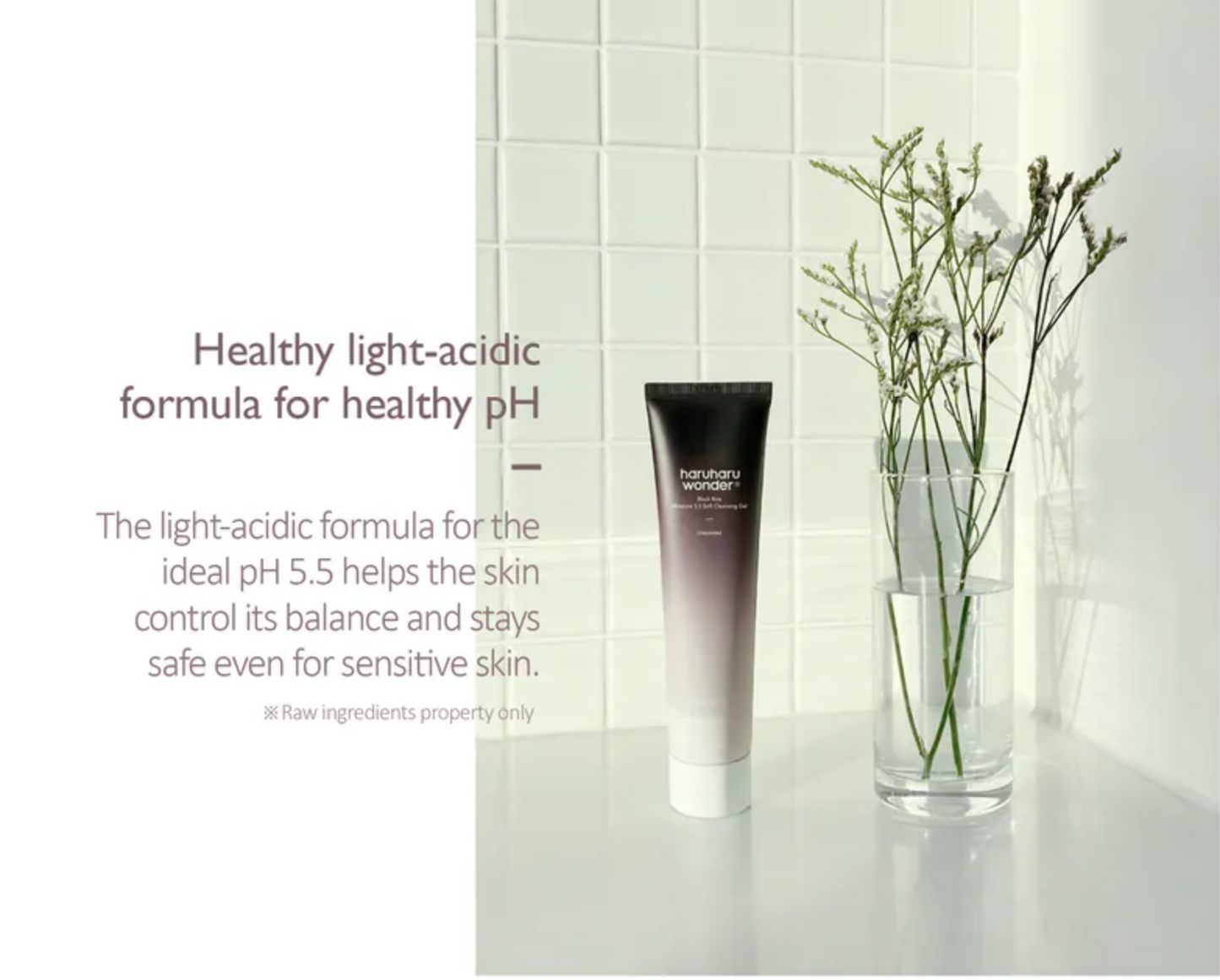 Skincare product with text about a healthy light-acidic formula on a neutral background