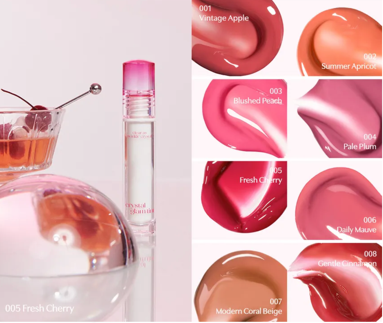 Perfume bottle with color swatches labeled on a white background