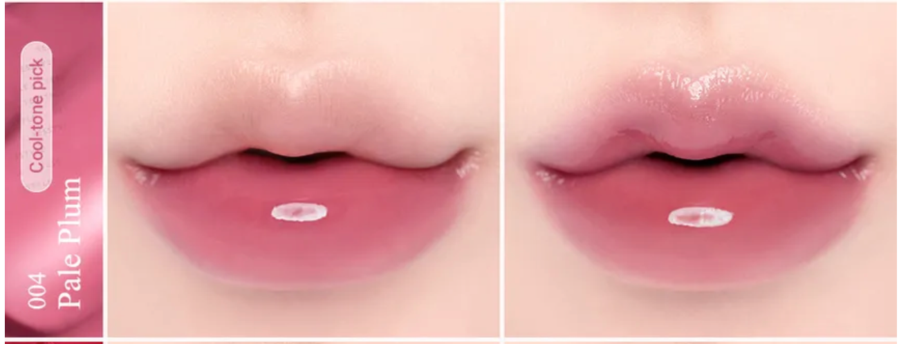 Lipstick swatches on lips with '004 Pale Plum' color name.