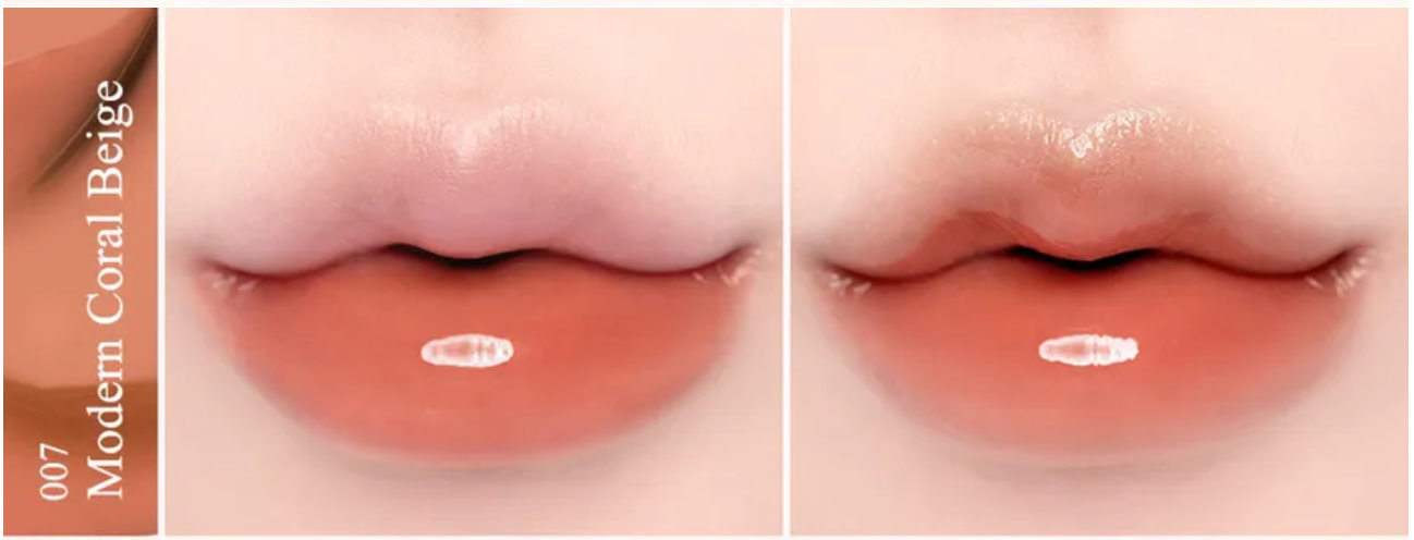 Two close-up images of lips with a lipstick swatch labeled 'Modern Coral Beige' on a beige background.