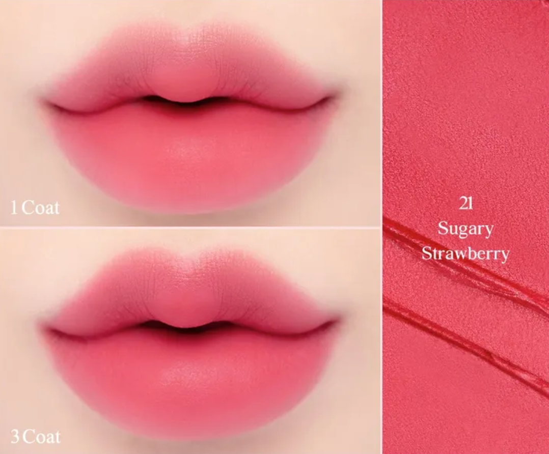 Lipstick swatch on lips with 'Sugary Strawberry' color name on a pink background