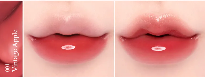 Close-up of lips with a 'Vintage Apple' lipstick shade on a neutral background
