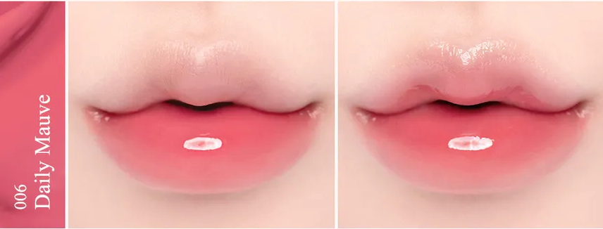 Two close-up images of lips with a gloss application, labeled '006 Daily Mauve'.