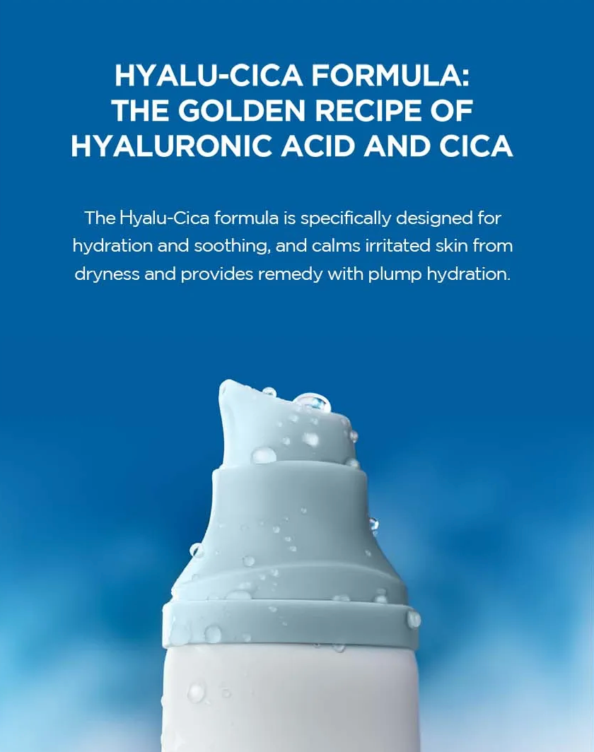 Skincare product with Hyalu-Cica formula on a blue background