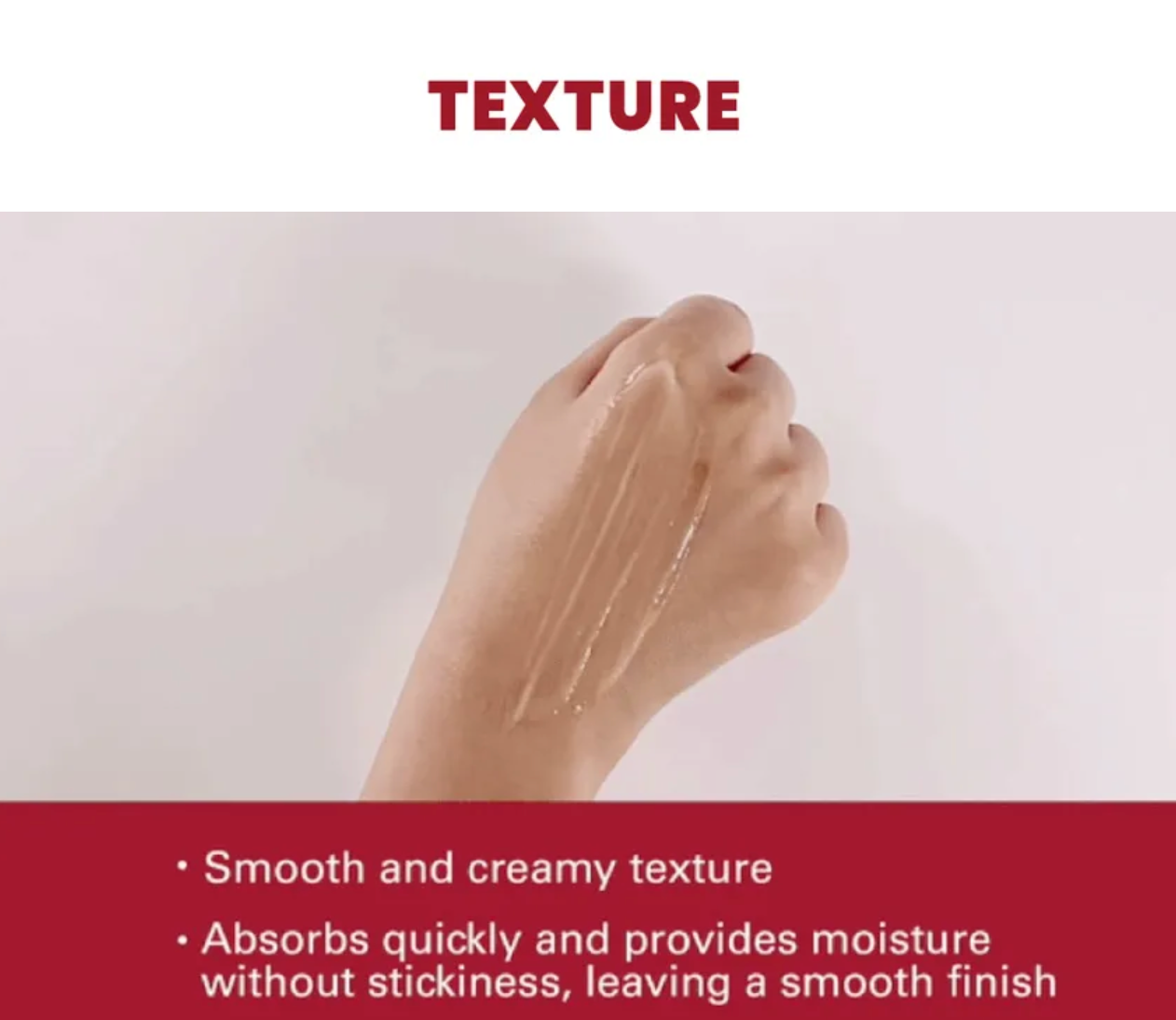 Hand applying a smooth and creamy texture product with text describing its properties.