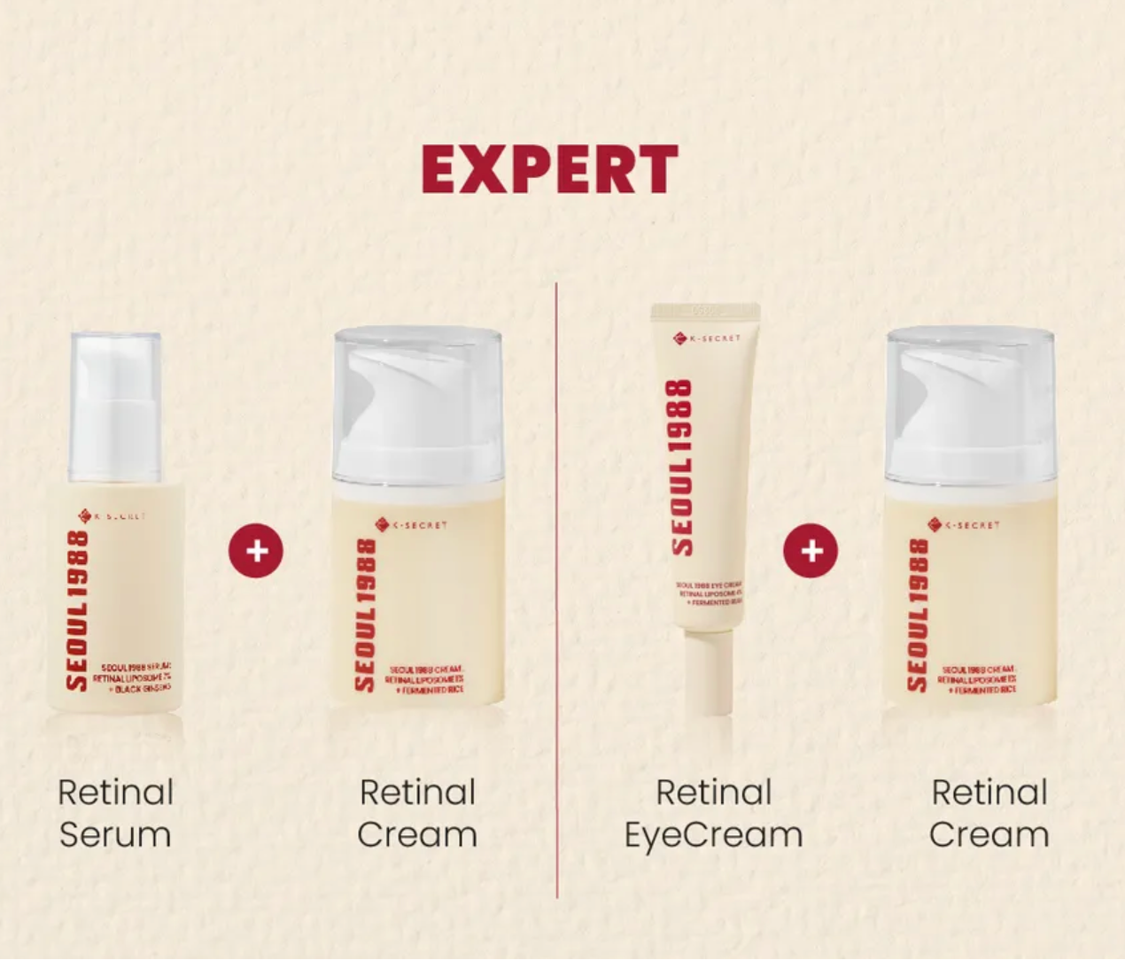 Skincare product lineup with 'Expert' branding on a beige background