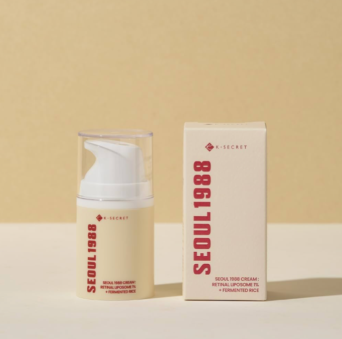 Skincare product and packaging with 'SEOUL 1988' branding on a beige background