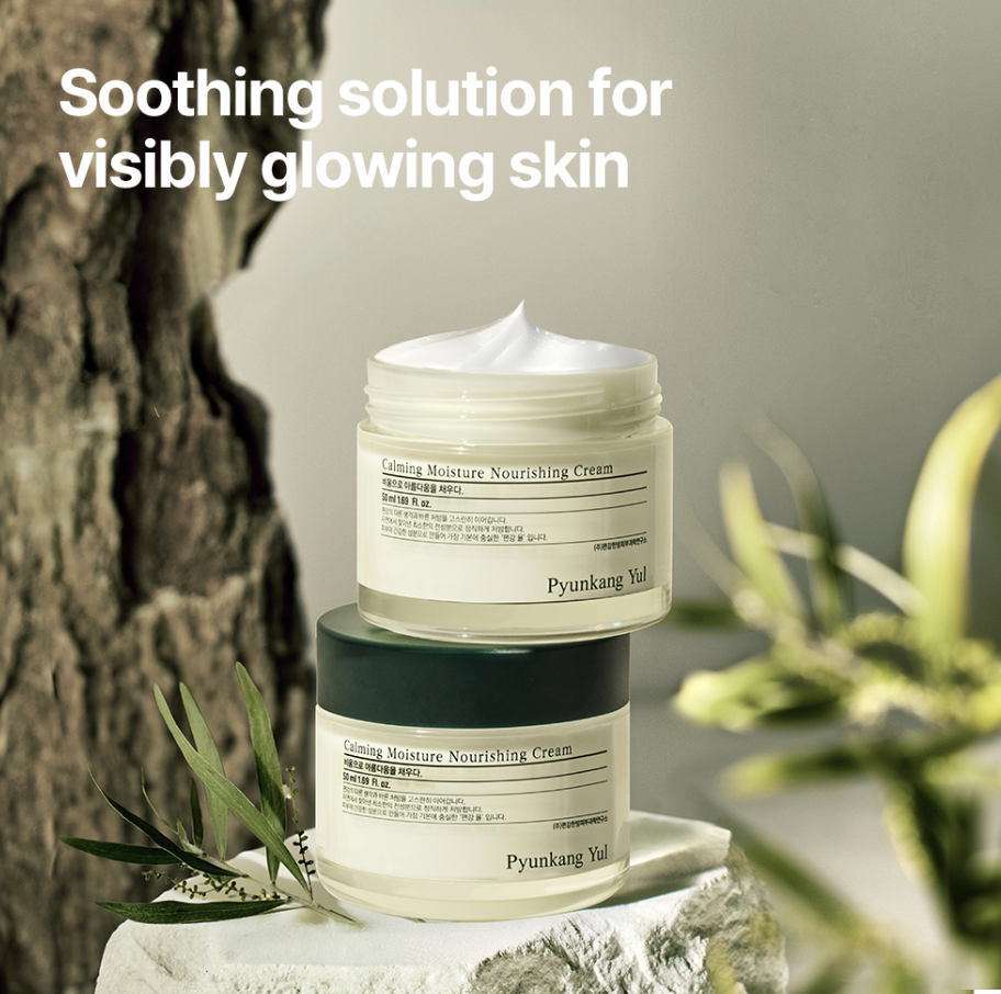 Two jars of Pyunkang Yul Calming Moisture Nourishing Cream on a stone surface with a natural background.