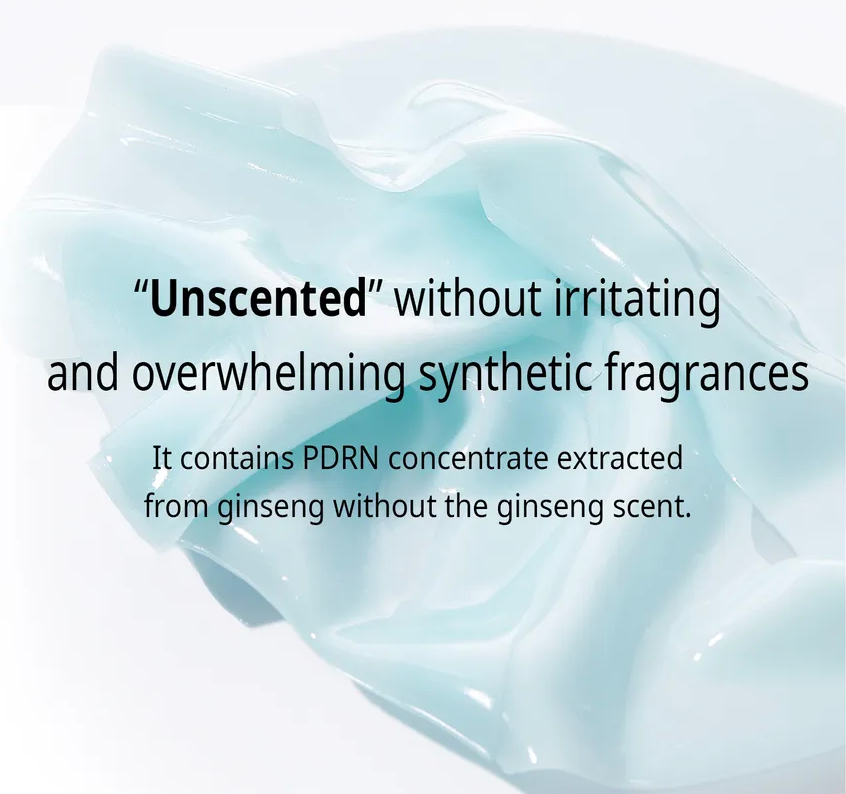 Product with text about unscented formula and ginseng concentrate on a light background