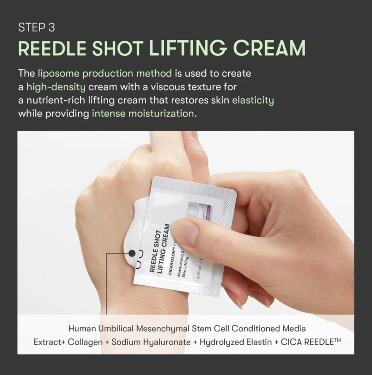 Hand holding a packet of REEDLE SHOT LIFTING CREAM with product details on a white background.