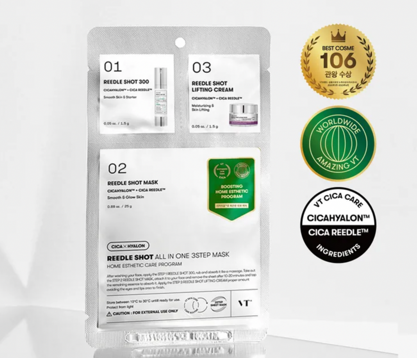 Packaging of VT skincare products with various labels and awards on a white background