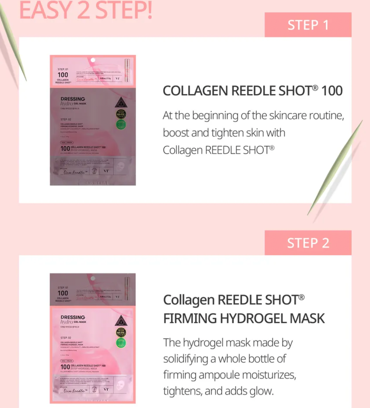 Collagen REEDLE SHOT skincare product packaging on a pink background with text describing the steps.