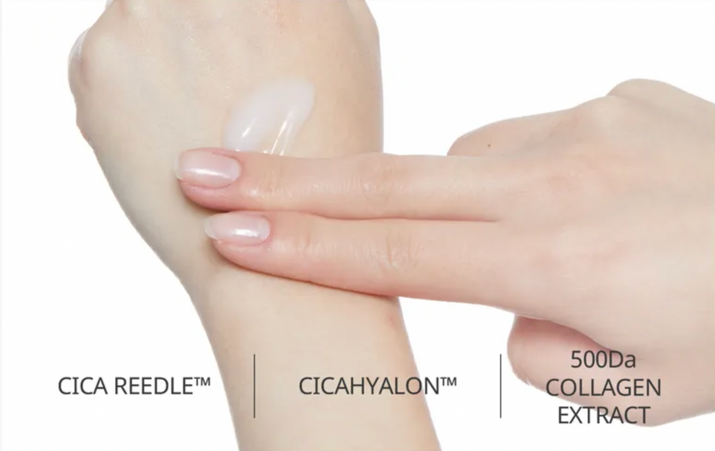 Hand applying cream to a leg with product names displayed