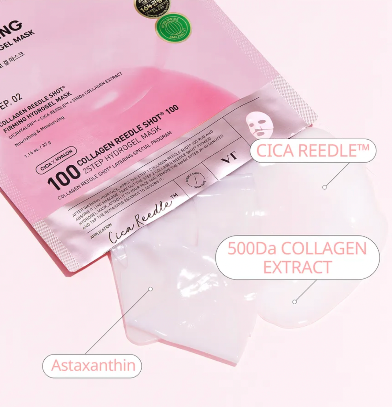 Collagen gel mask with Cica Reedle branding and product details on a white background